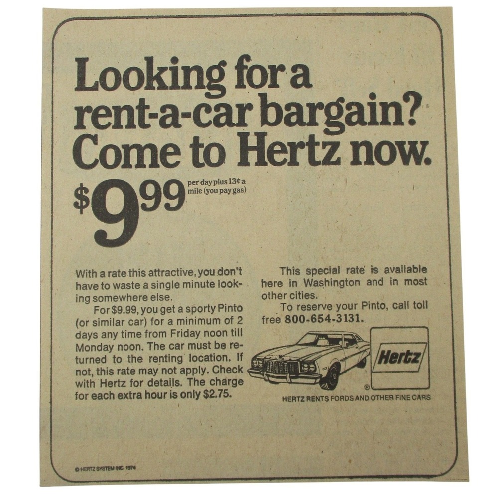 Vintage 1974 Hertz Rent-a-Car Ford Pinto Original Print Ad Ephemera 1970s Decor